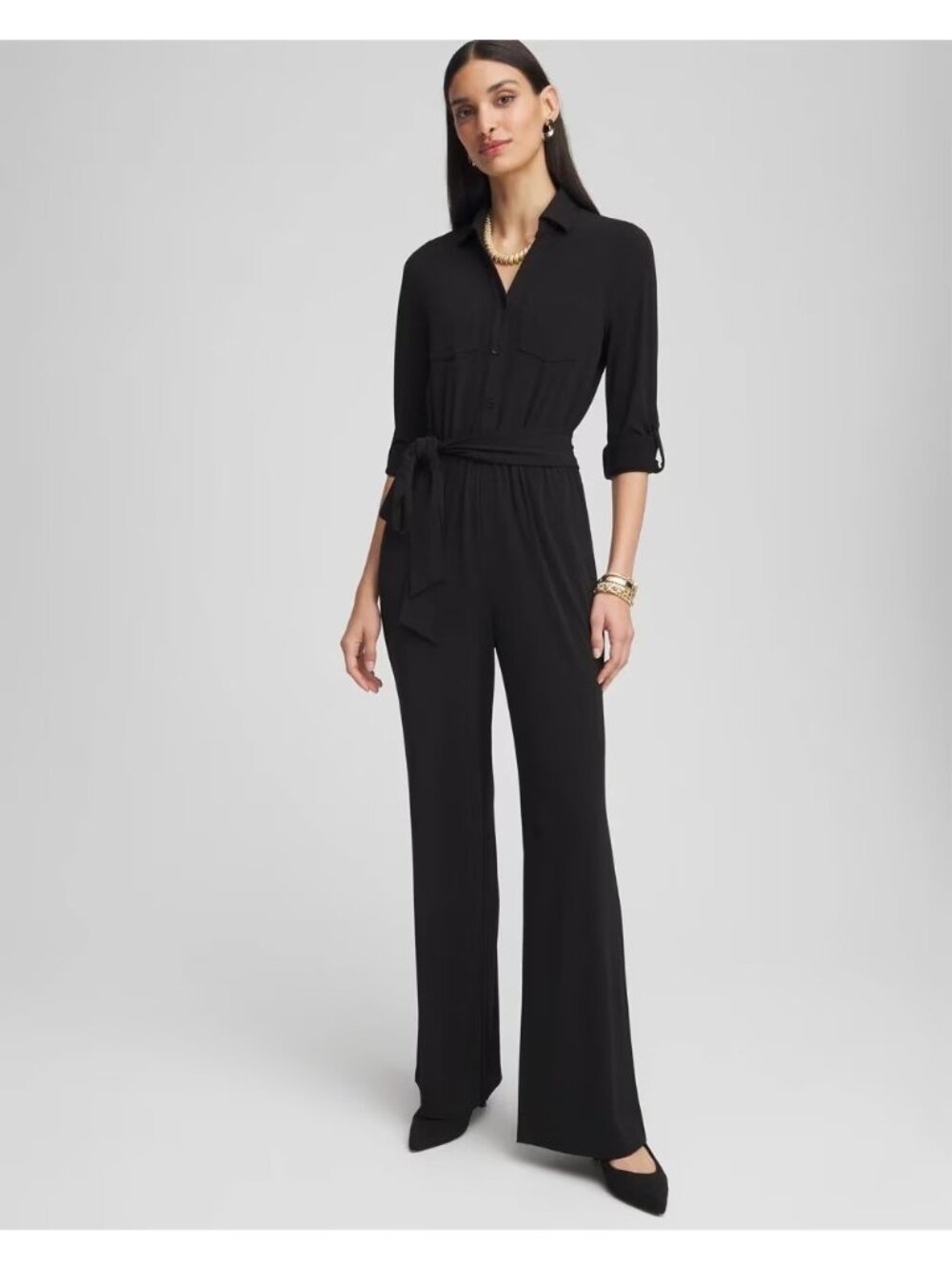 Chico's Size 4 = XXL 2X 20 22 Black Jersey Maxi Jumpsuit Belted‎ Pockets Pants